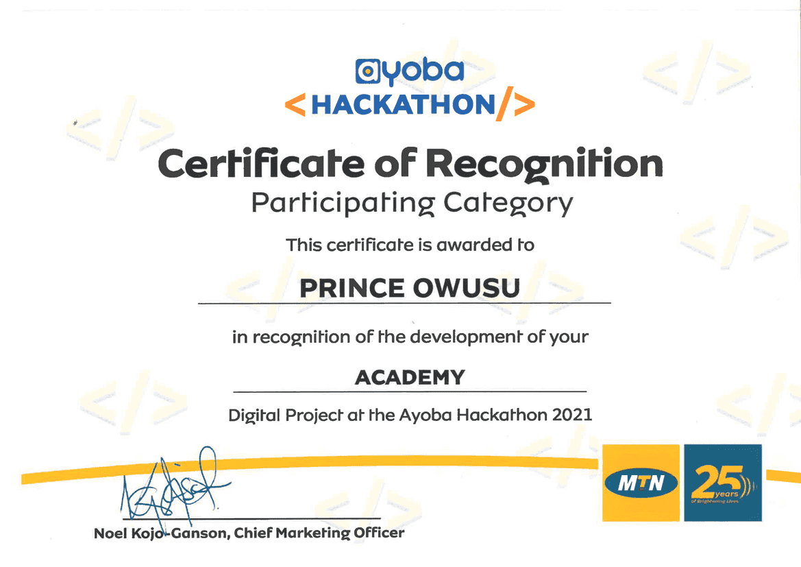 Winner of the MTN Ayoba Hackathon certificate
